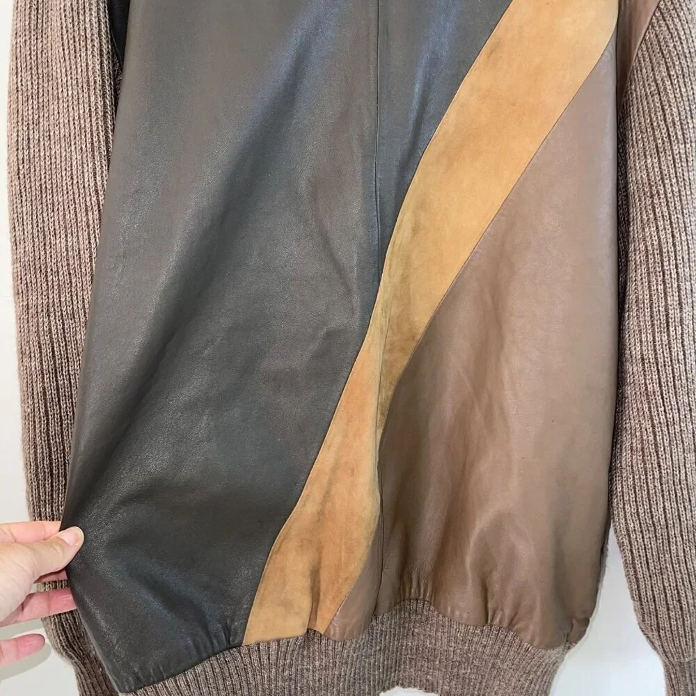 Neiman Marcus Vintage Mens Sweater Size Large Brown Leather Front Knit